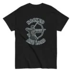 Black shirt with archer graphic and text.