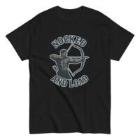Black shirt with archer graphic and text.