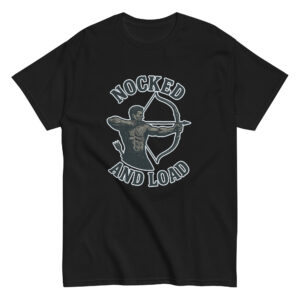 Black shirt with archer graphic and text.