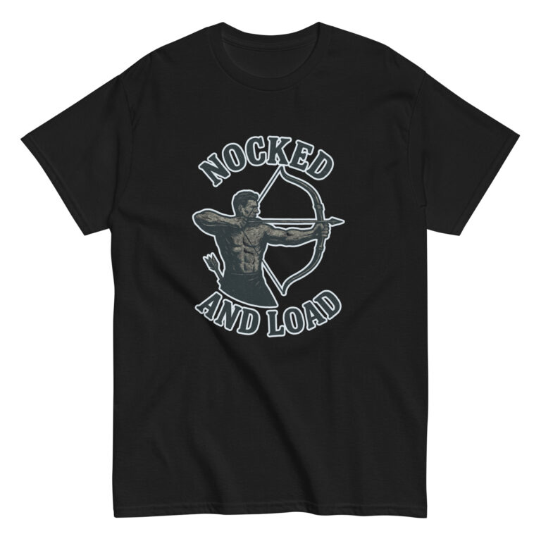 Black shirt with archer graphic and text.