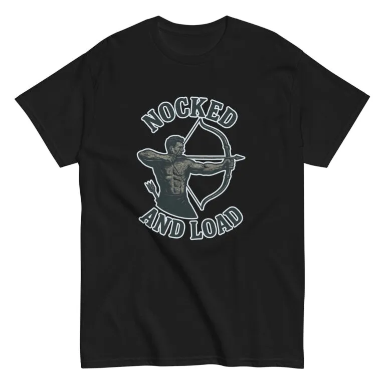 Black shirt with archer graphic and text.