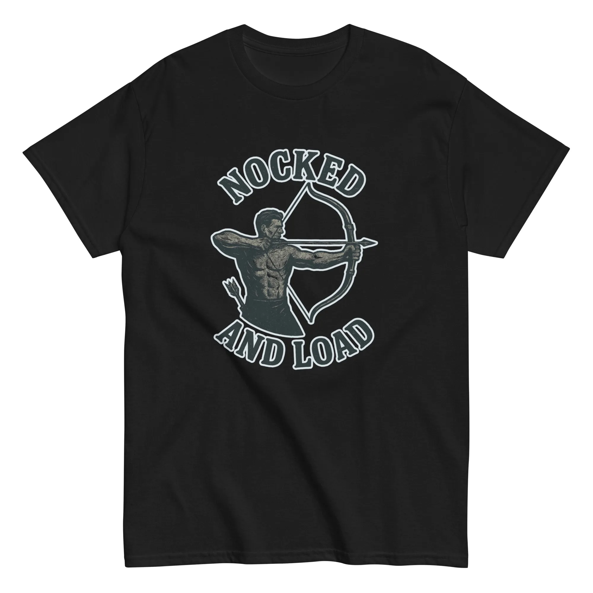 unisex-classic-tee-black-front-68d5eb16ec4aa.jpg Black shirt with archer graphic and text.