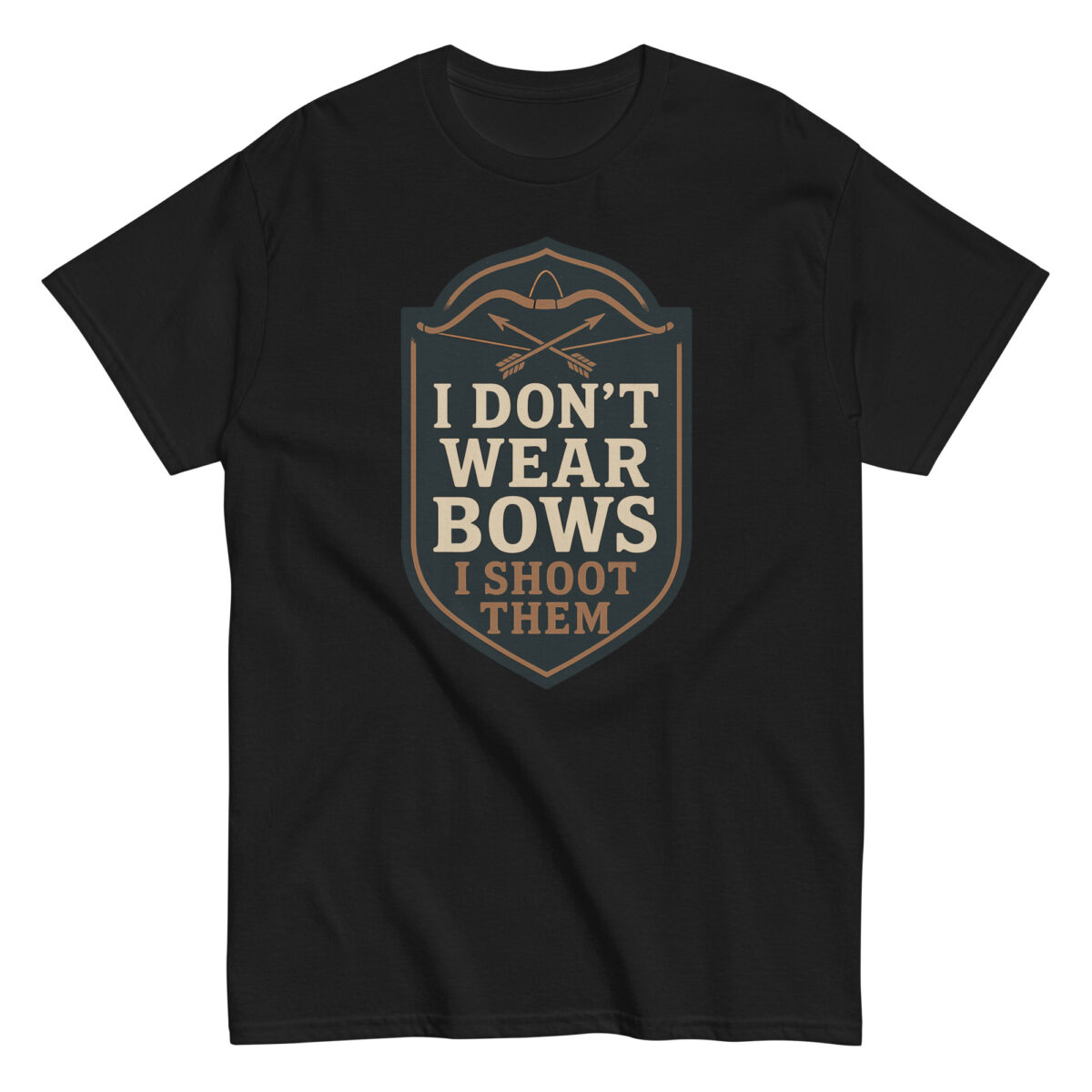 Black t-shirt with archery-themed slogan.