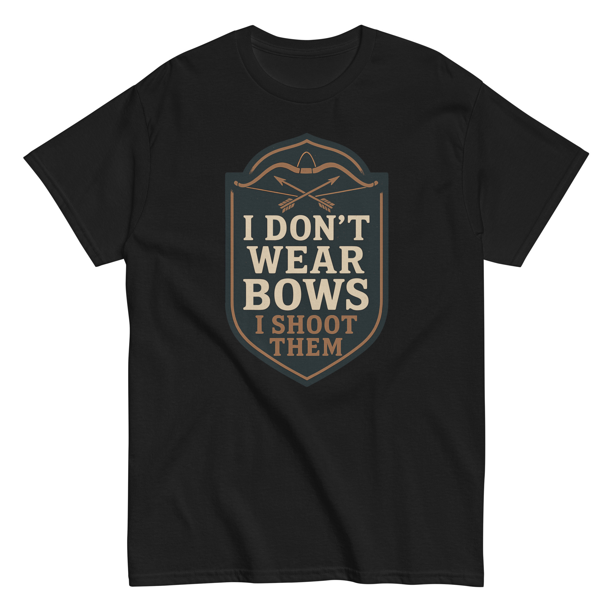 Black t-shirt with archery-themed slogan.