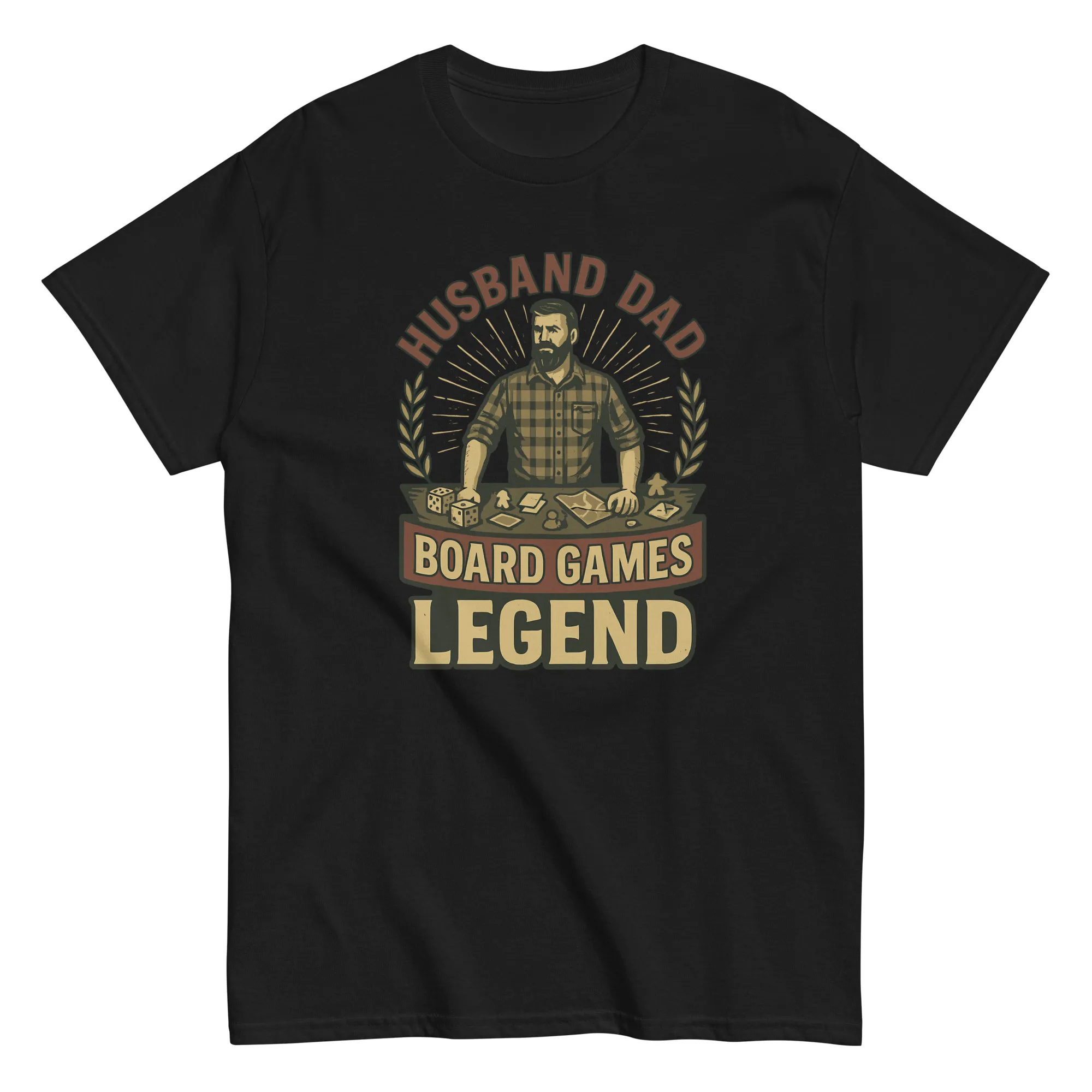 unisex-classic-tee-black-front-68d6210245f87.jpg Black shirt with board games legend design.