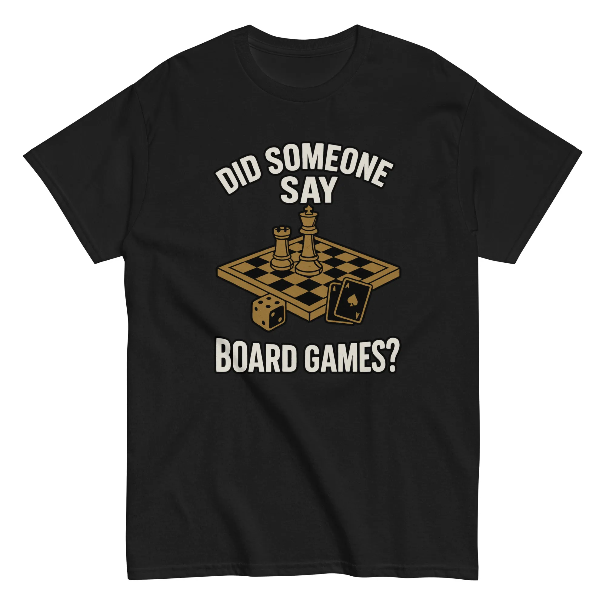 unisex-classic-tee-black-front-68d623444391a.jpg Black t-shirt with board games design.