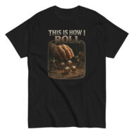 Black t-shirt with dice and figurines design.