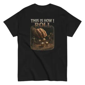 Black t-shirt with dice and figurines design.