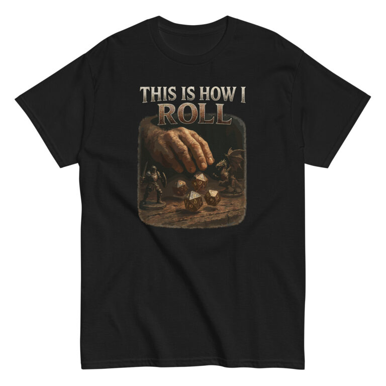 Black t-shirt with dice and figurines design.