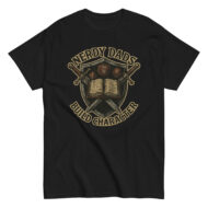 Nerdy Dads shirt with dice, book, and swords design.