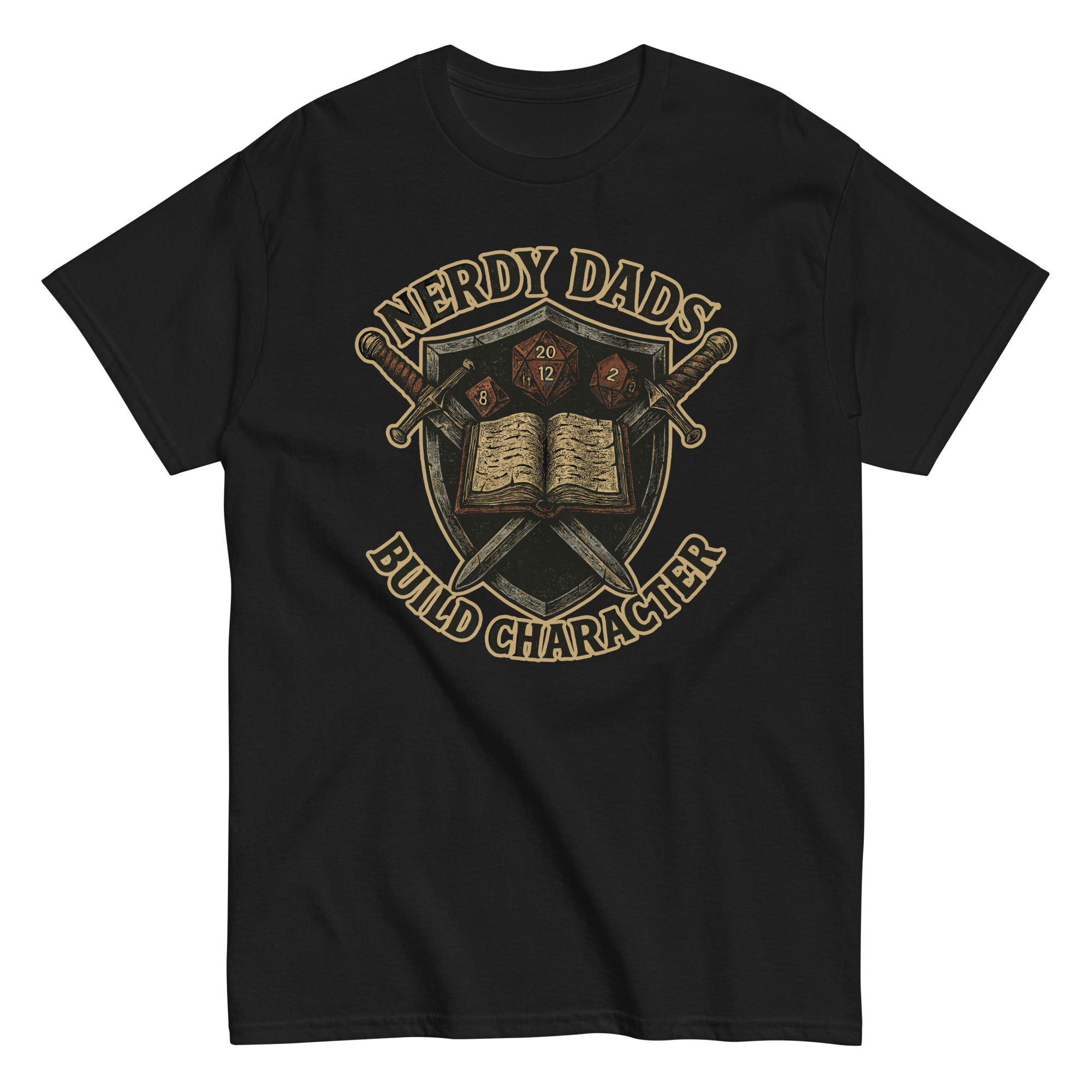 Nerdy Dads shirt with dice, book, and swords design.