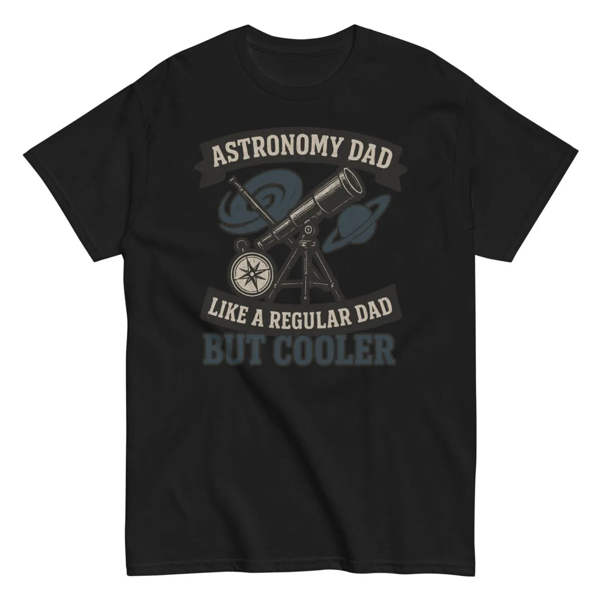 Astronomy Dad T-shirt with telescope design.