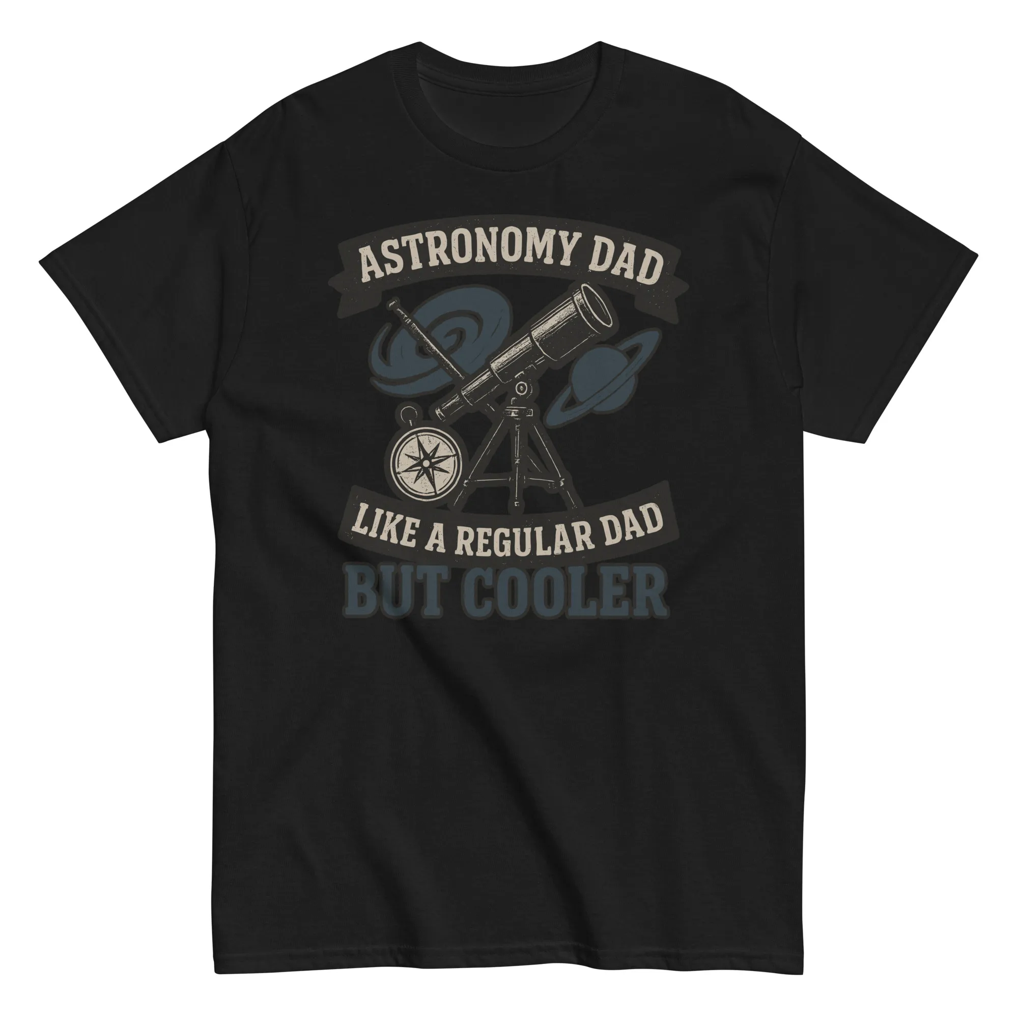 unisex-classic-tee-black-front-68d646cc0275d.jpg Astronomy Dad T-shirt with telescope design.