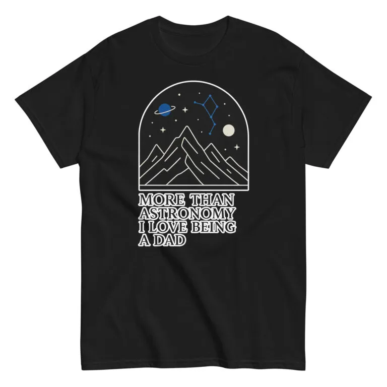 Dad astronomy-themed t-shirt with stars and mountains.