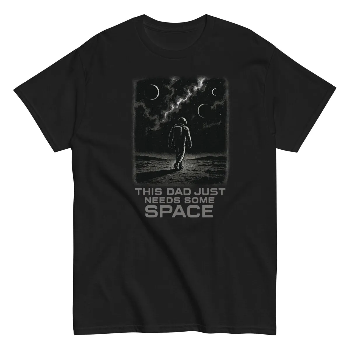 Black t-shirt with space-themed design for dads.