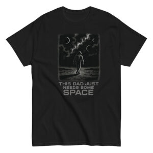 Black t-shirt with space-themed design for dads.