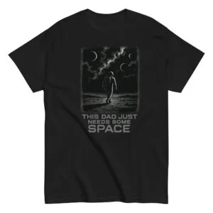 Black t-shirt with space-themed design for dads.