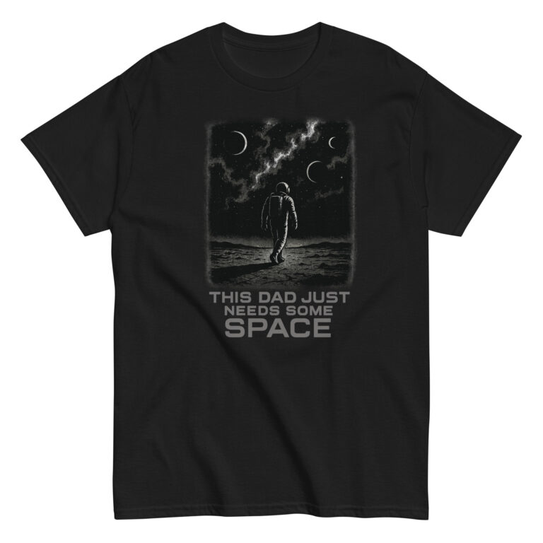 Black t-shirt with space-themed design for dads.