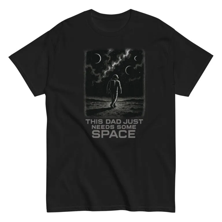 Black t-shirt with space-themed design for dads.