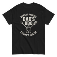 Black T-shirt with World's Famous Dad's BBQ print.