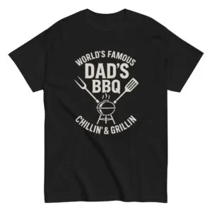 Black T-shirt with World's Famous Dad's BBQ print.