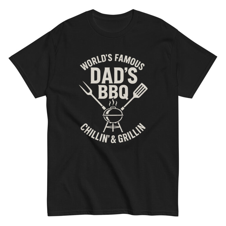 Black T-shirt with World's Famous Dad's BBQ print.