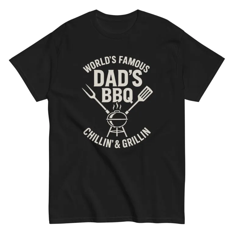 Black T-shirt with World's Famous Dad's BBQ print.