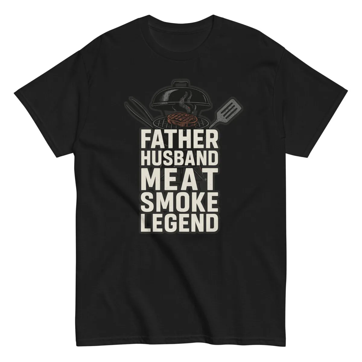 Black T-shirt with BBQ-themed text and design.
