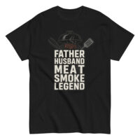 Black T-shirt with BBQ-themed text and design.