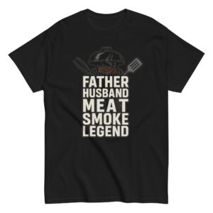 Black T-shirt with BBQ-themed text and design.
