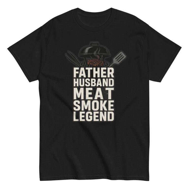 Black T-shirt with BBQ-themed text and design.