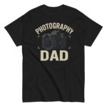 Black t-shirt with camera illustration and 'Photography Dad'