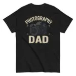 Black t-shirt with camera illustration and 'Photography Dad'
