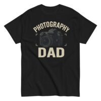 Black t-shirt with camera illustration and 'Photography Dad'