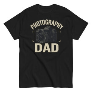 Black t-shirt with camera illustration and 'Photography Dad'