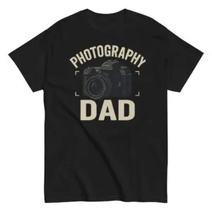 Black t-shirt with camera illustration and 'Photography Dad'