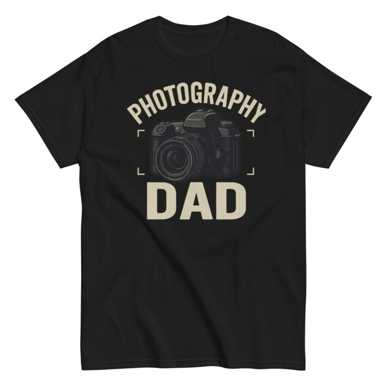 Black t-shirt with camera illustration and 'Photography Dad'