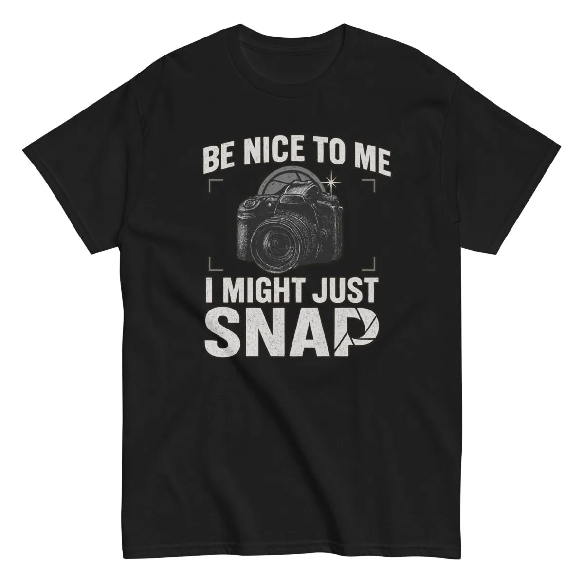 Black t-shirt with camera-themed humorous message