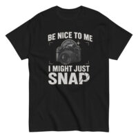 Black t-shirt with camera-themed humorous message