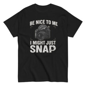 Black t-shirt with camera-themed humorous message