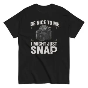 Black t-shirt with camera-themed humorous message