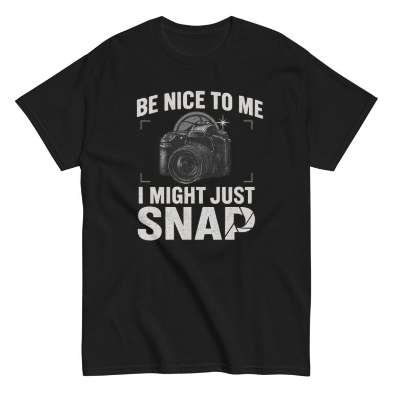 Black t-shirt with camera-themed humorous message