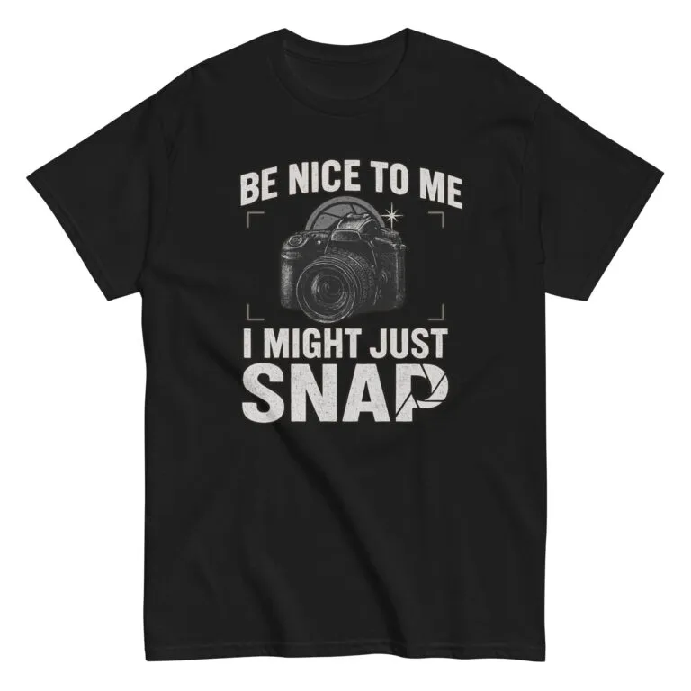 Black t-shirt with camera-themed humorous message