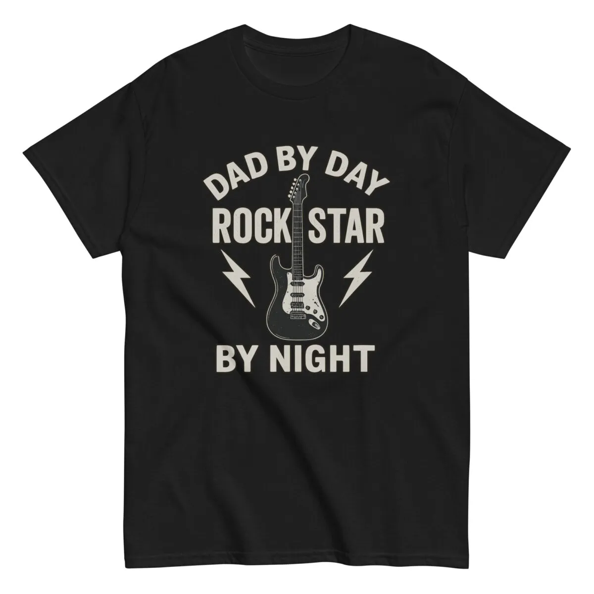 Black t-shirt with 'Dad by Day, Rock Star by Night'