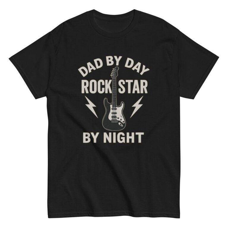 Black t-shirt with 'Dad by Day, Rock Star by Night'