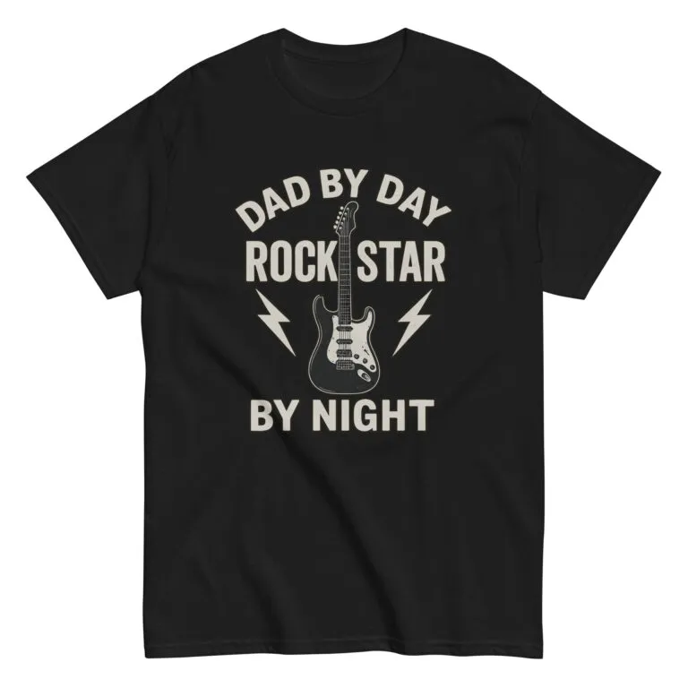 Black t-shirt with 'Dad by Day, Rock Star by Night'