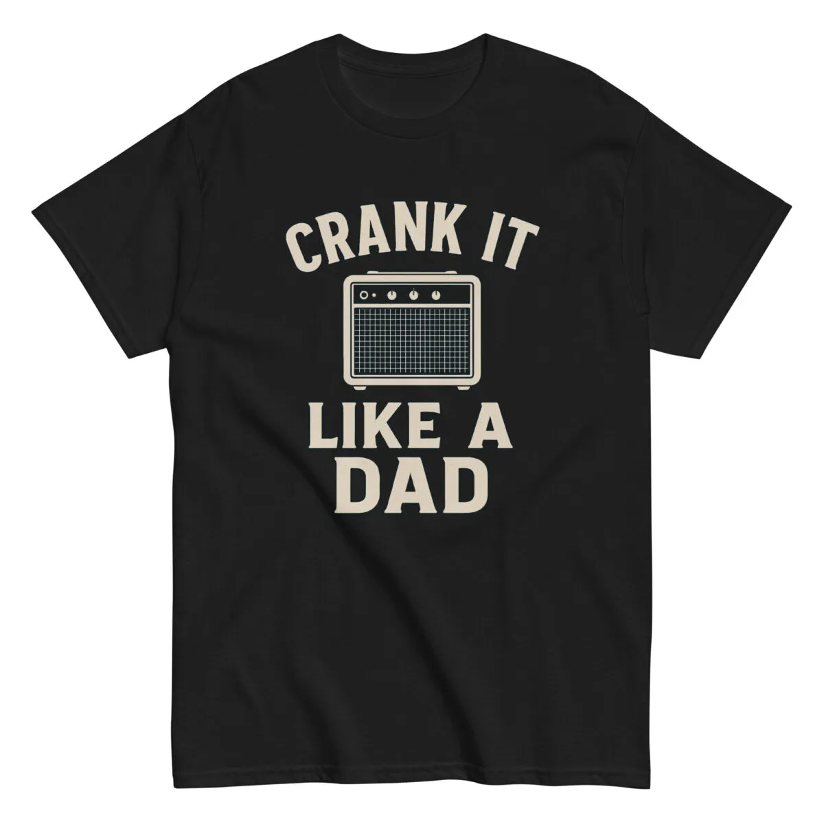 Black t-shirt with vintage dad-themed amplifier design.