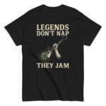 Black T-shirt with guitar and text design.