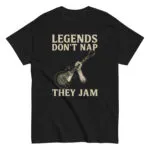 Black T-shirt with guitar and text design.