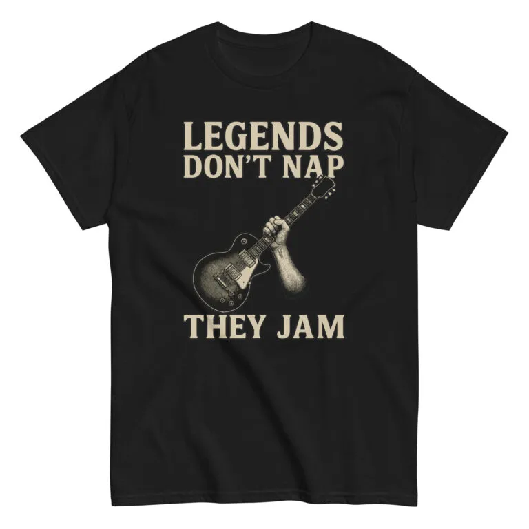 Black T-shirt with guitar and text design.
